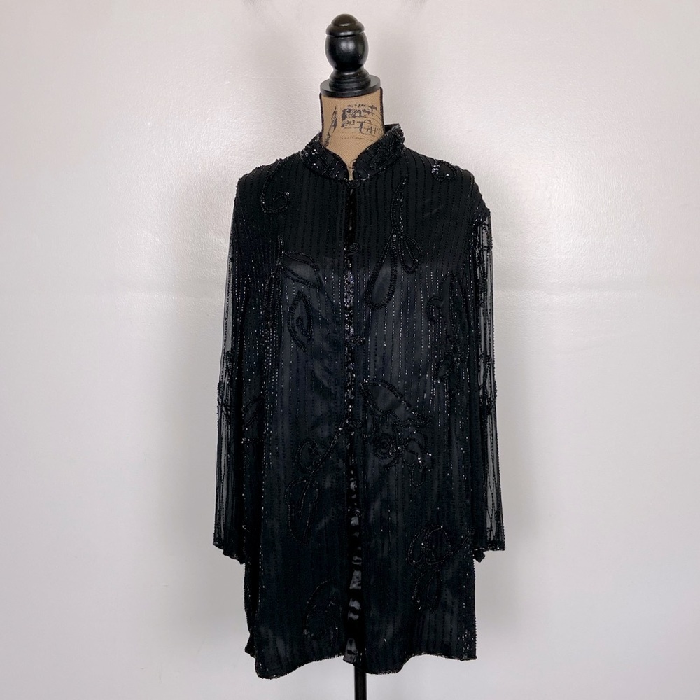 Marina By‎ Marina Bresler Silk Sequin Jacket 2X Black Chiffon Sheer Long Sleeves